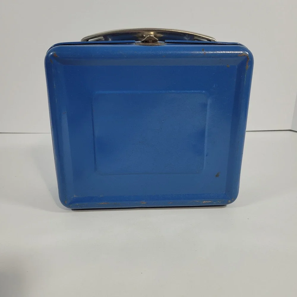 Vintage Blue Metal Lunch Box with Red Striped Thermos Cork Stopper Made in USA - Picture 14 of 15